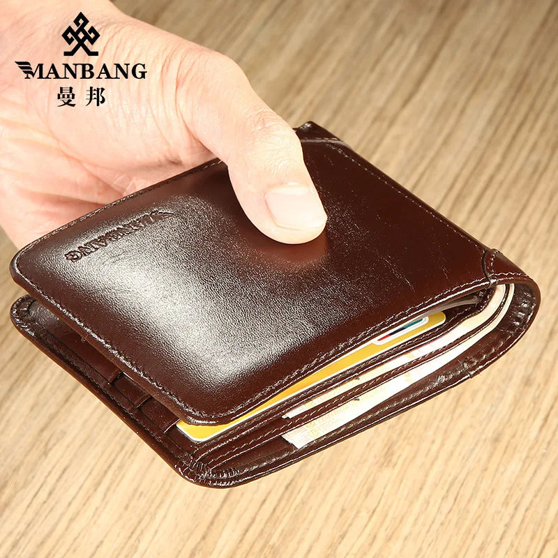 【Genuine Cowhide Leather】ManBang Brand Hot Sale Men's Wallet Luxury Original Short Tri-Fold First Layer Cowhide Purse Business