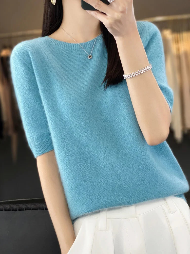 Half Sleeve Cashmere Women Knitted Sweaters 100% Pure Merino Wool Spring Fashion O-Neck Top  Pullover Non-Connect One Line