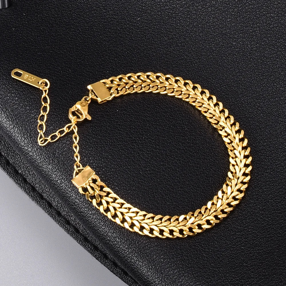 ANENJERY 316L Stainless Steel Double Spell Gold Color Thick Twist Chain Bracelet Female Ins Simple Design Jewelry