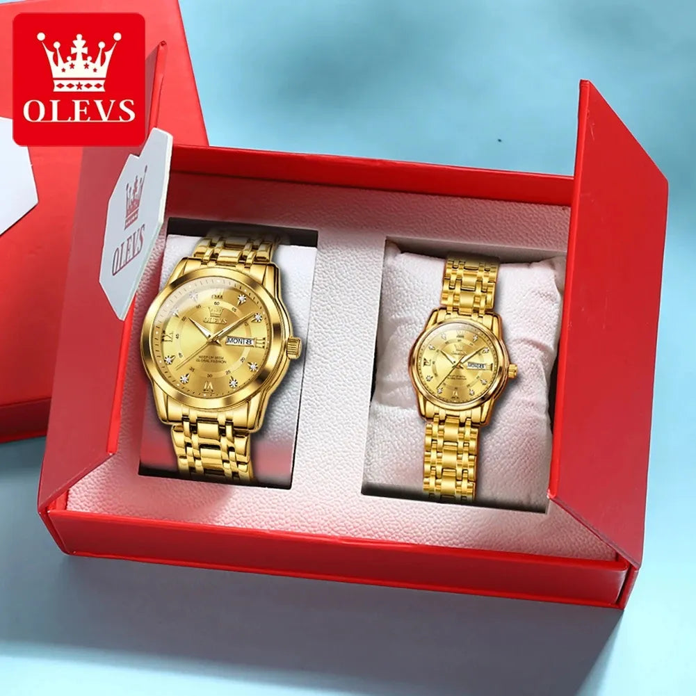 OLEVS Couple Watch Pair for Men and Women Stainless Steel Waterproof Men's Watches Luxury Gold Diamond Lover's Wristwatches 2023