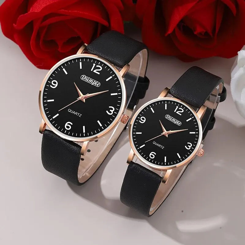 4pcs Couple Quartz Wristwatch Set Couple Fashion Black Leather Strap Quartz Watch Luxury Chain Gold Silver Bracelet Set