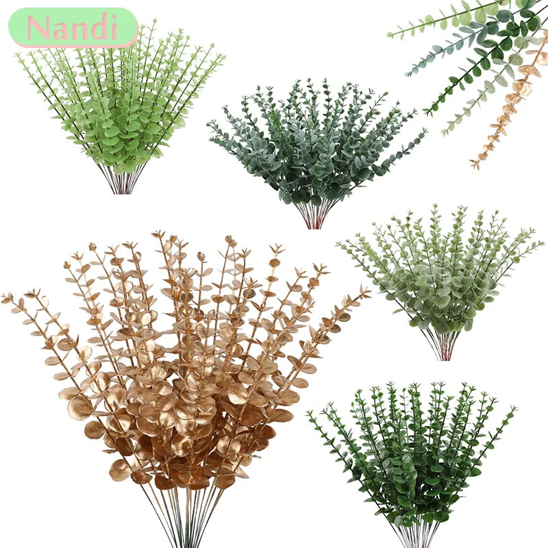 10 Pack Artificial Eucalyptus Leaves Green Gold Fake Plant Branches Wedding Party Outdoor Home Garden Table Decoration Garland