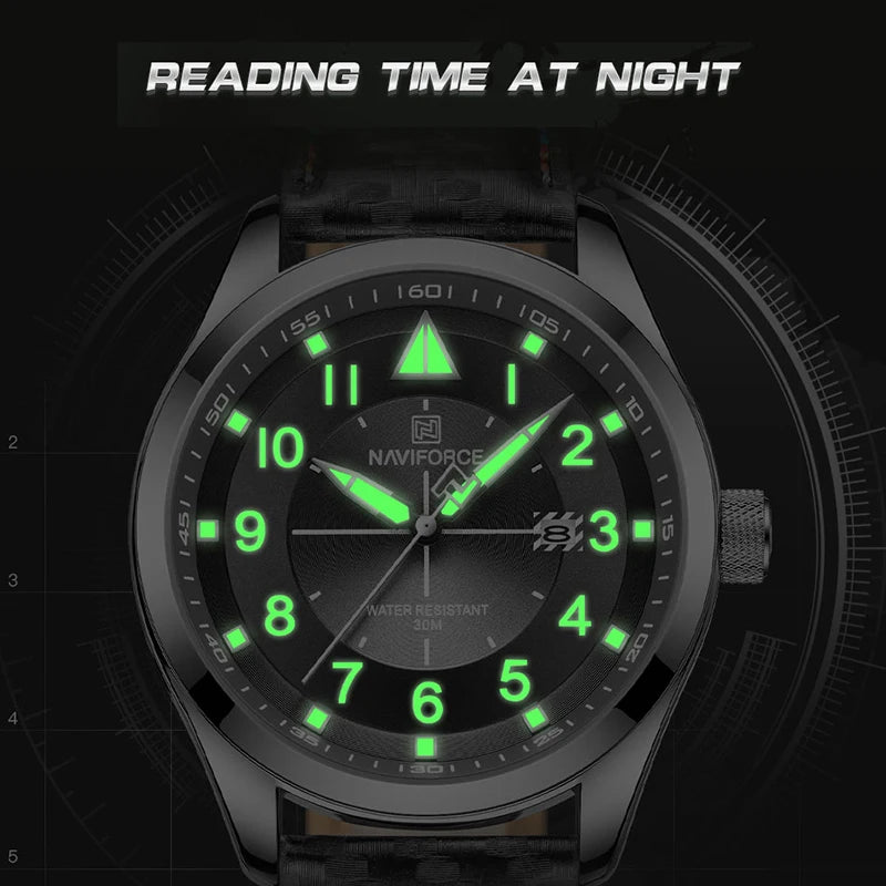 NAVIFORCE Casual Leather Strap Men Watches Fashion Analog Quartz Calendar Waterproof Wristwatch with Luminous Hands Reloj Hombre