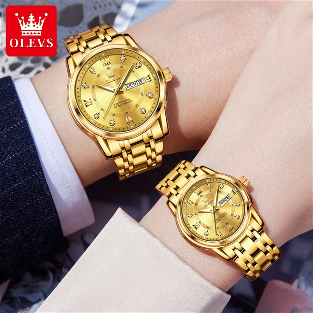 OLEVS Couple Watch Pair for Men and Women Stainless Steel Waterproof Men's Watches Luxury Gold Diamond Lover's Wristwatches 2023