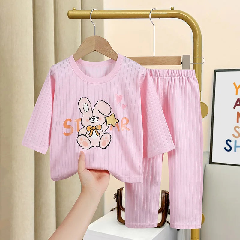 Spring Summer Thin Long-sleeved Home Wear Suit Cartoon Cotton Underwear Babies Cute Tops Trousers Boys Girls Soft Pajamas 2pcs