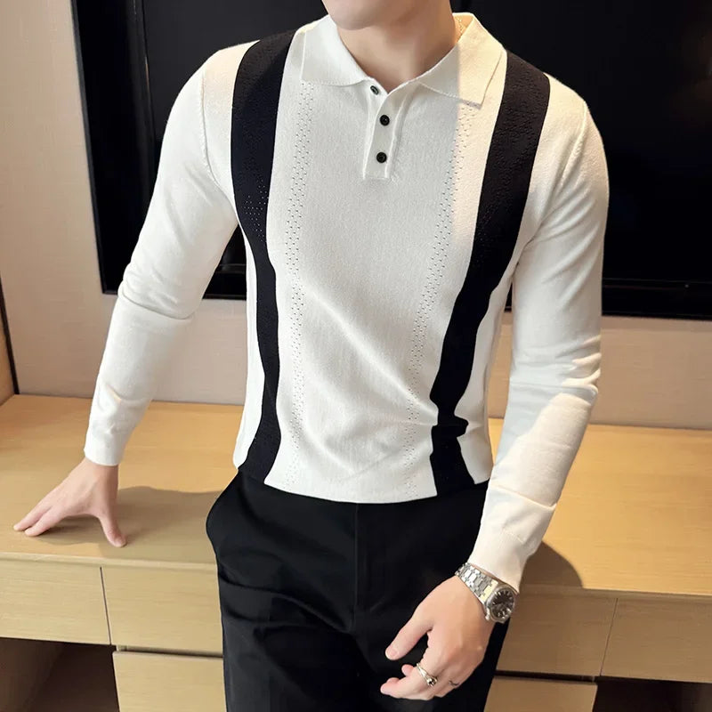 Men's Knitwear Lapel Knitwear Polo Spring Color Contrast Color Patchwork Bottoming Shirt Youth Clothing Slim Top Fashion Trend