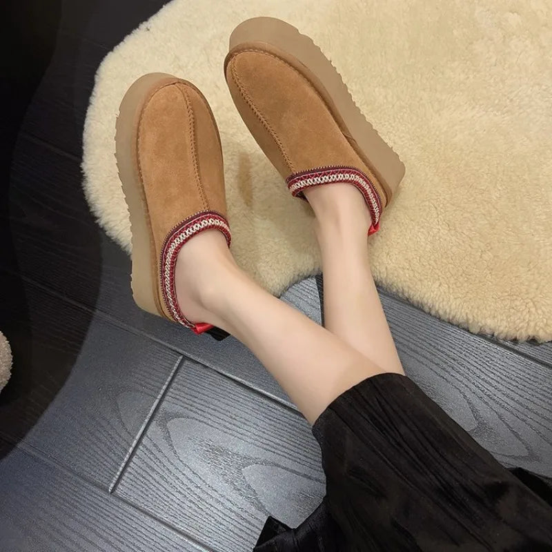 New Winter Fashion Women Snow Warm Suede Leather Lazy Loafers Boots Shoes Woman Lady Female Flat Bottine Botas Boots Mules 2024