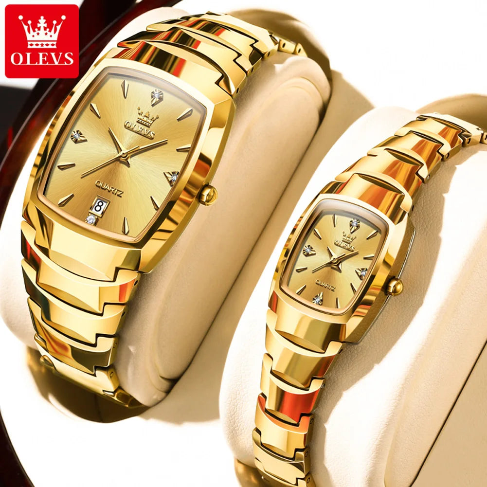 OLEVS 7006 Tonneau Tungsten Steel Couple Watch for Men Women Luxury Brand Quartz Lover's Watch His or Hers Waterproof Wristwatch