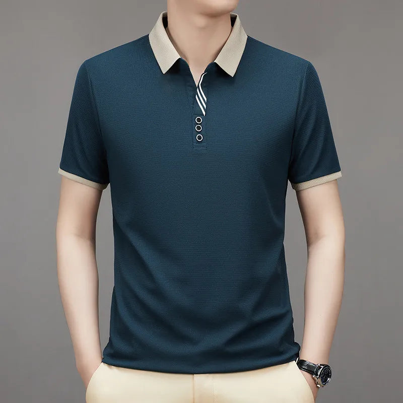 2024 Polo Shirts Men Business Normal Short Sleeve Striped Classic Fit Stretch Golf Tshirt Work Summer Korean Solid Clothing