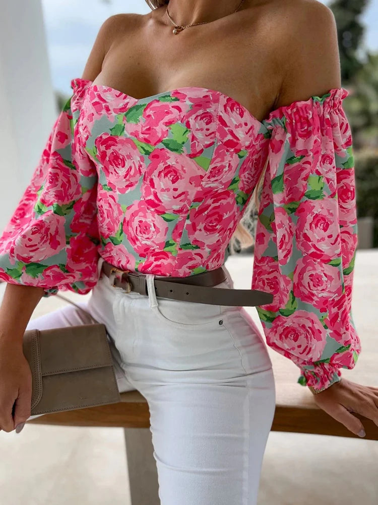 Sexy Floral Print Crop Top Women Spring Summer Youth Backless Off Shoulder Long Sleeve Blouses Fashion White Shirt 2023 New