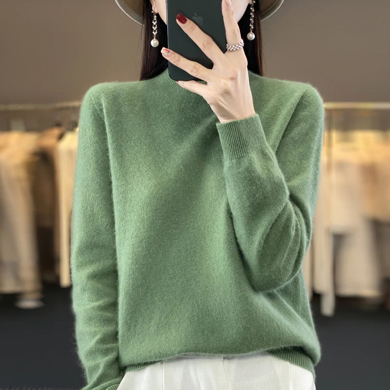 Line Merino Wool Women's Cashmere Knitted Sweater Half High Collar Long Sleeve Pullover High Quality Elegant Warm And Unique Top