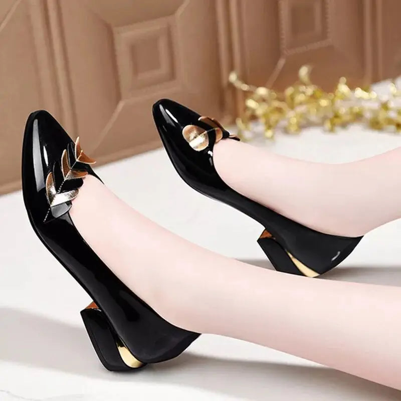 Women Dress Shoes Patent Leather Mid Heel Pumps Fashion Shoes Pointed Toe Slip on Office Ladies Shoes Zapatos Black Women Shoes