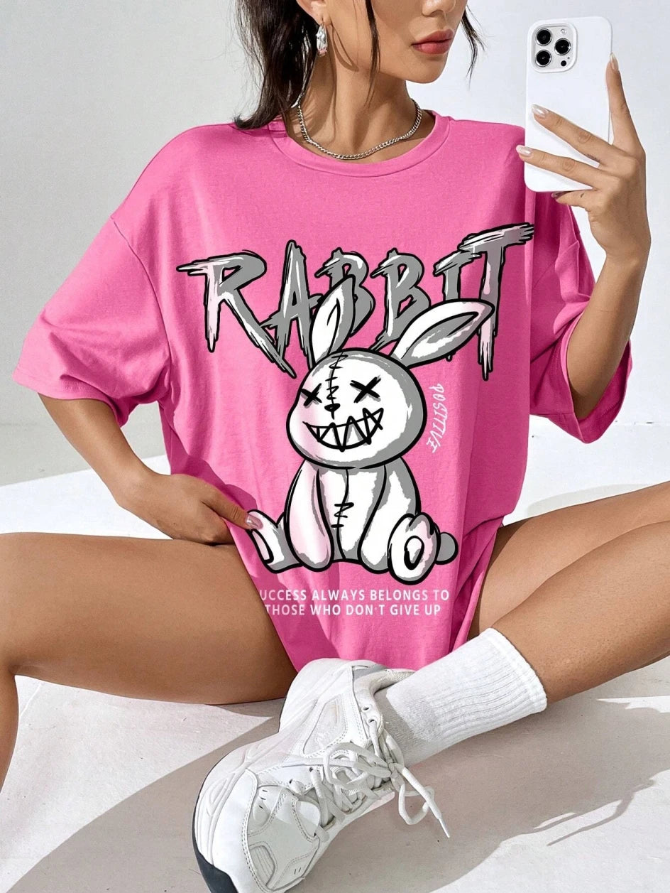Kawaii Rabbit Printed Tops Cotton T-Shirts For Womens Fashion Casual Soft Short Sleeve Loose Tees Comfortable Street Clothes