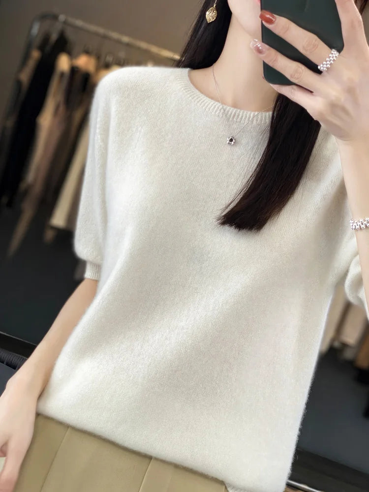Half Sleeve Cashmere Women Knitted Sweaters 100% Pure Merino Wool Spring Fashion O-Neck Top  Pullover Non-Connect One Line