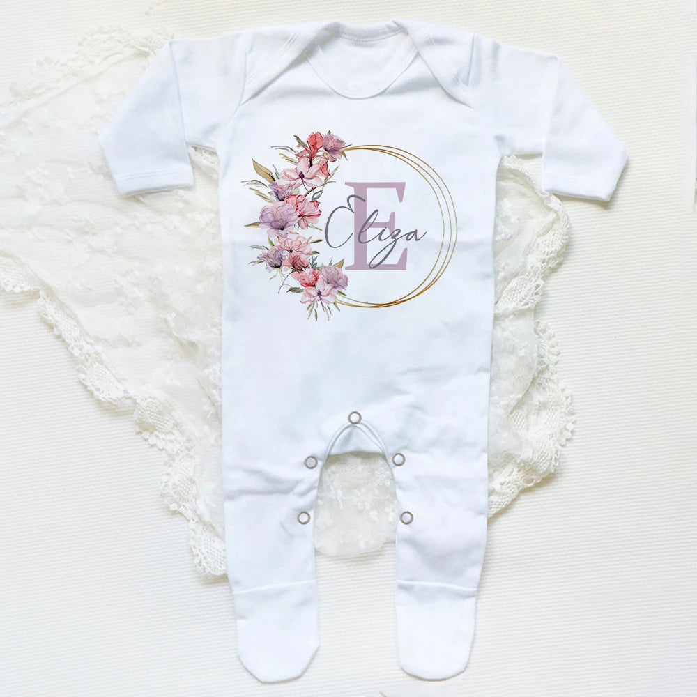 Personalised Wreath with Name Baby Babygrow Sleepsuit Custom Newbron Shower Gift Baby Coming Home Outfit Baby Boy Girl Clothes