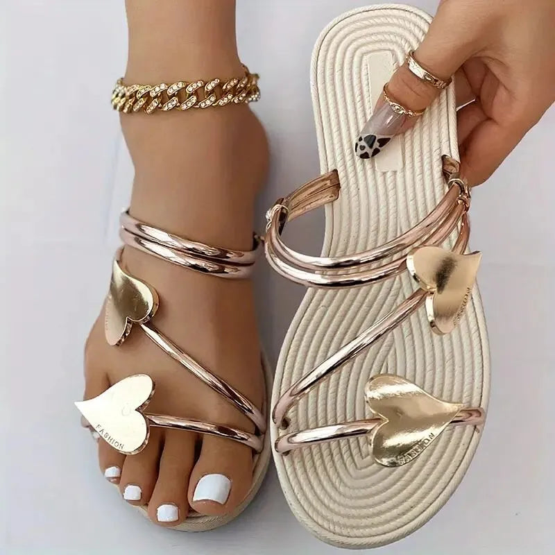 Elegant Women's Heart Flat Sandals Open Toe Woman Slippers Non Slip Shoes Outdoor Beach Slides Women Sandals Summer 2023 Size 43