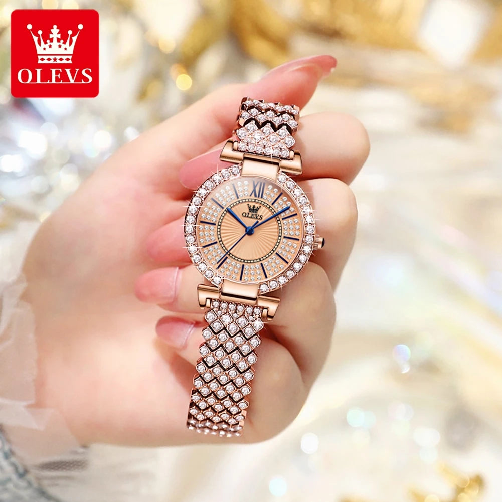 OLEVS 9942 Women's Watches Full Diamond Stainless steel Rose Gold Fashion Elegant Wristwatch Ladies Luxury Brand Women Watch Set