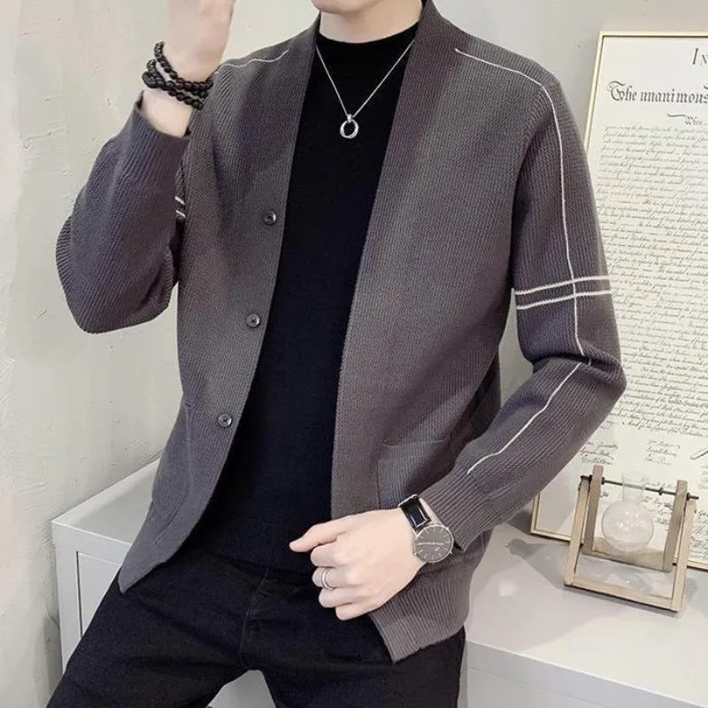 Knitted Sweaters for Men Cardigan Plain Man Clothes Solid Color Jacket with Pockets Coat V Neck X Elegant High Quality Replica S