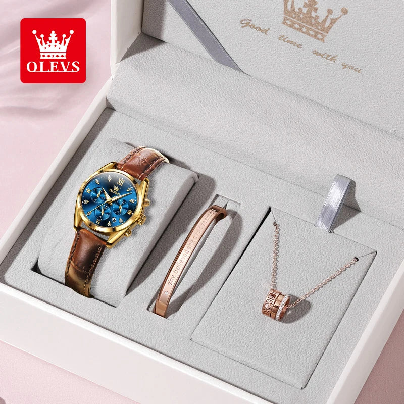 OLEVS Watch for Women Top Brand Luxury Women Quartz Watches Leather Strap Waterproof Multi-function Luminous Ladies Wristwatch