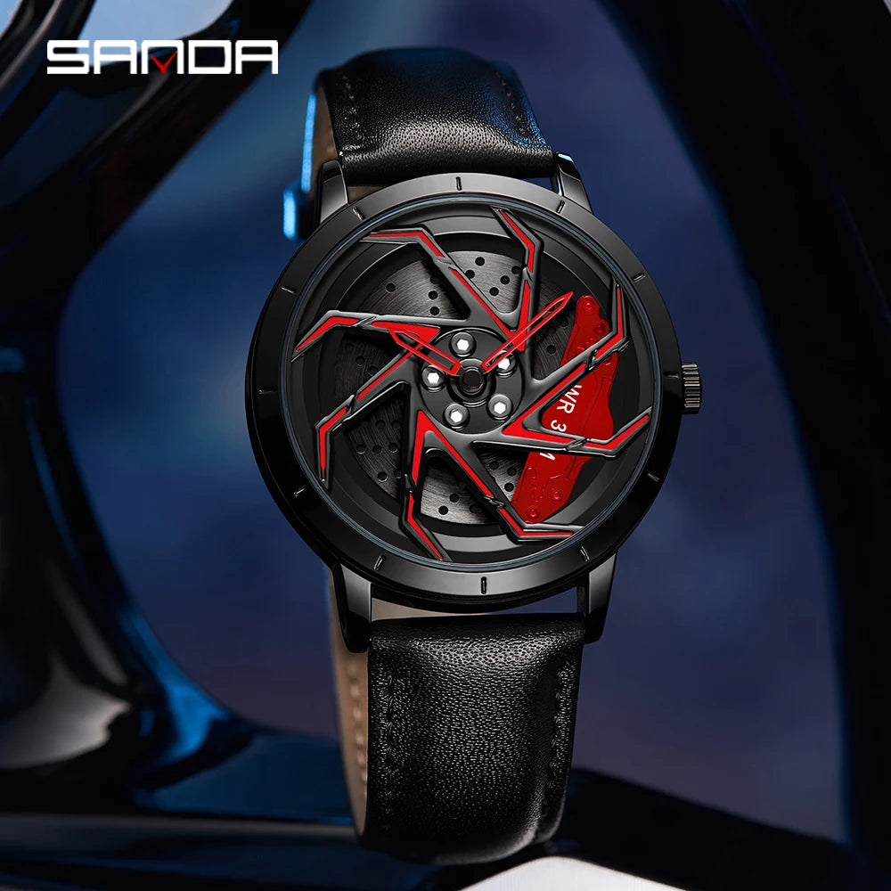 Fashion Hot Sell Car Rim Men Watches Stainless Steel Waterproof Sport Watch 360 Degree Rotating Wheel Rim Dial Quartz Wristwatch