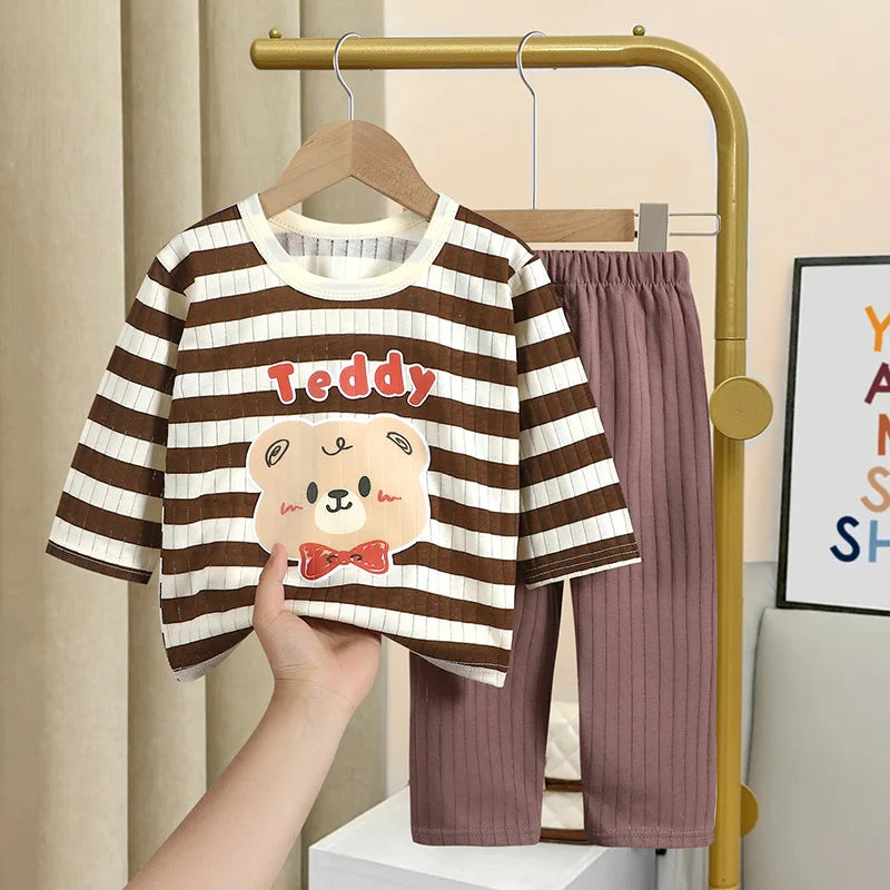 Spring Summer Thin Long-sleeved Home Wear Suit Cartoon Cotton Underwear Babies Cute Tops Trousers Boys Girls Soft Pajamas 2pcs