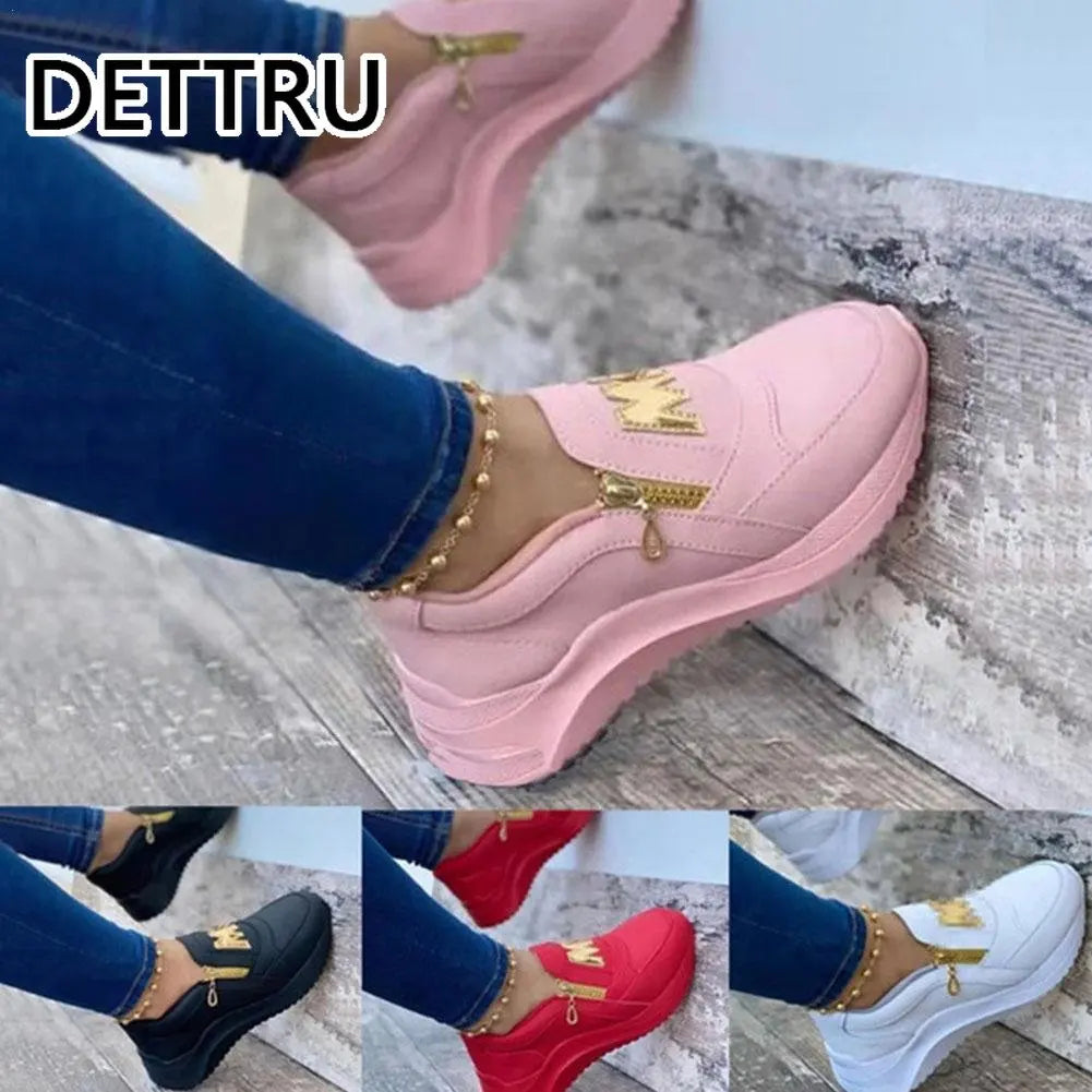 DETTRU Women Sport Shoes Thick Bottom Solid Color Ladies Vulcanized Sneakers Ladies Fashion PU Shoes Ladies Zipper Sneakers