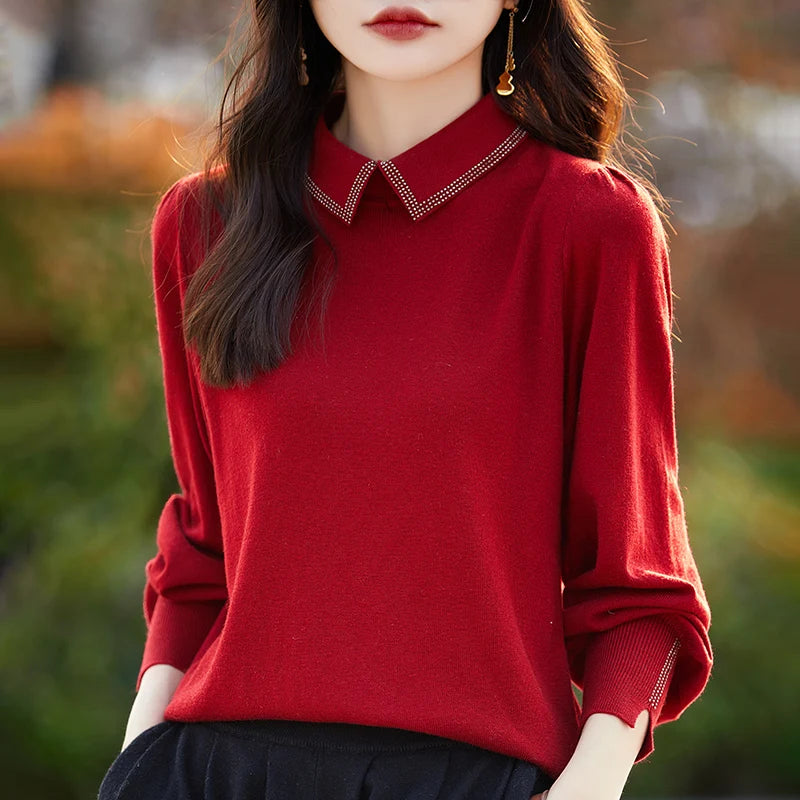 Spring New 100% Wool Polo Collar Sweater Women Fashion Solid Color Diamond Autumn Basic Top Knitted Lantern Sleeve Female Jumper