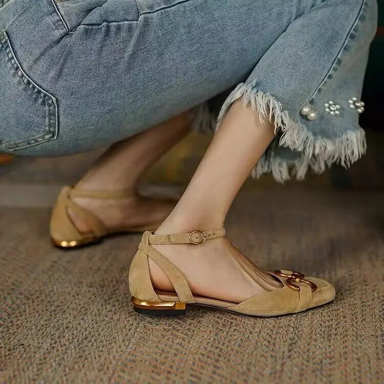2023 New Summer Sandals For Women Retro Closed Square Toe Sandals Woman Slip On Mules Shoes Buckle Strap Lady Casual Flat Shoes