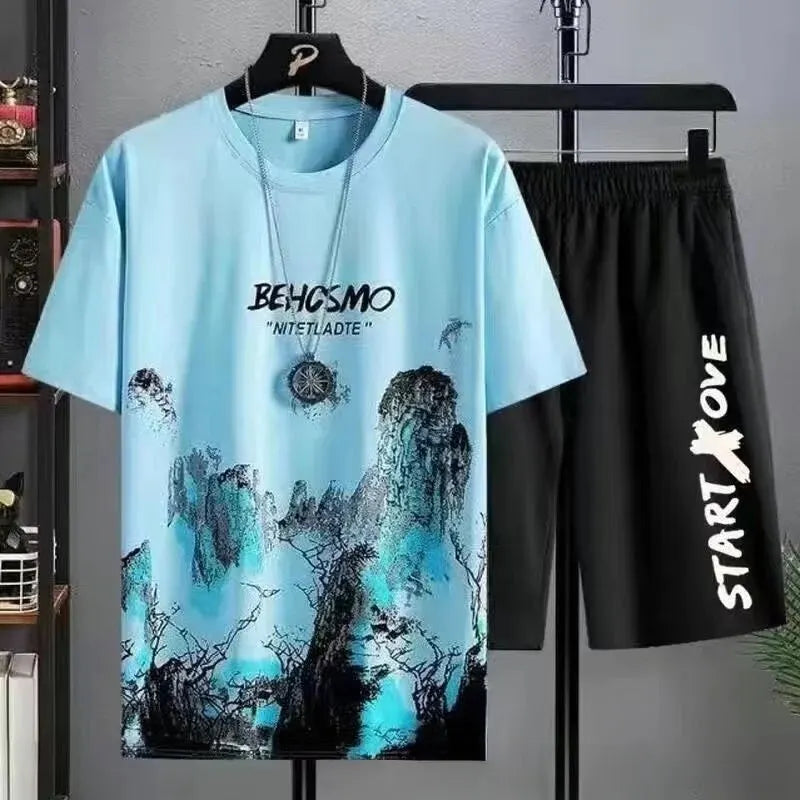 Summer Casual Set Men Thin Quick Dry Short Sleeve T-shirt Youth Home Clothes Sports Shorts Two-piece Set