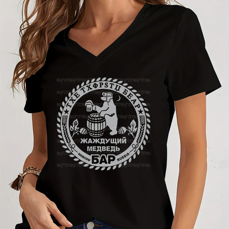 Beer Bear Graphic Print Women T Shirts Vintage Short Sleeve Tees Hip Hop V-neck Female Tops Bear Women Loose Streetwear Clothes