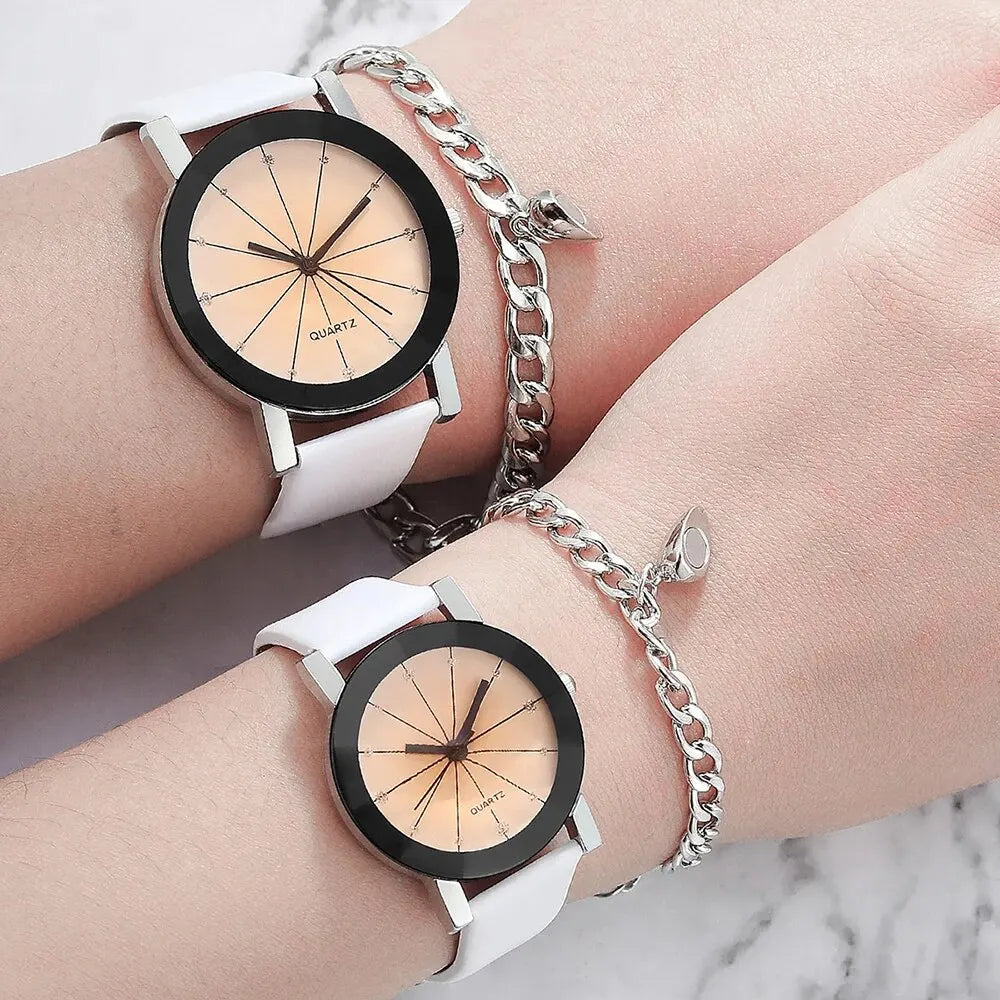 4pcs Black Strap Quartz Watch Bracelet Couple Creative Round Glass Dial Watch Magnetic Heart Silver Bracelet Set