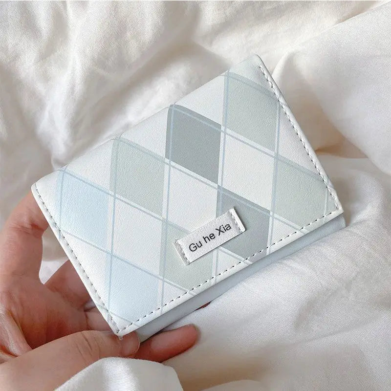 Sea Salt Blue Check Women's Wallet Simple Style Multi-functional Card Holder Leather Large Capacity Student Buckle Coin Purses