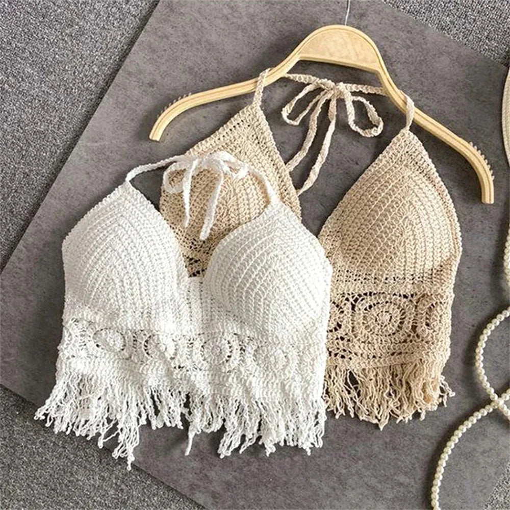 Sexy Knit Backless Short Crop Top for Women Lightweight Hollow Out Crochet Tassels Hem Halter Bras Bustier with Chest Pads