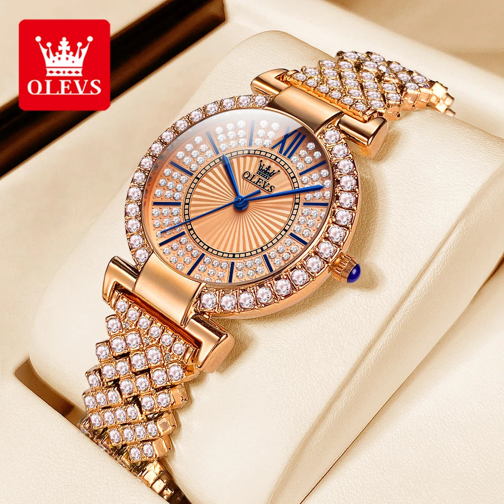 OLEVS 9942 Women's Watches Full Diamond Stainless steel Rose Gold Fashion Elegant Wristwatch Ladies Luxury Brand Women Watch Set