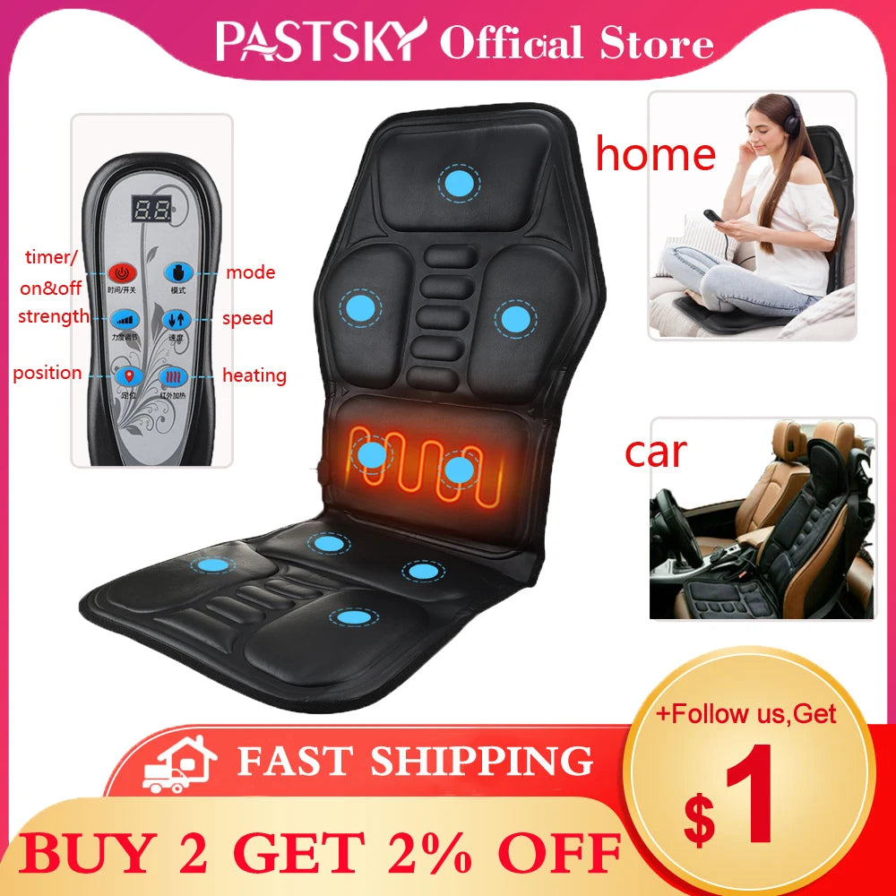 PASTSKY Electric Back Massager Chair Cushion Heating Vibration Home Office Lumbar Neck Mattress Pain Relief PU Seat 9 Modes