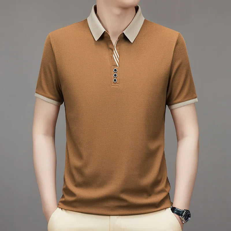 2024 Polo Shirts Men Business Normal Short Sleeve Striped Classic Fit Stretch Golf Tshirt Work Summer Korean Solid Clothing