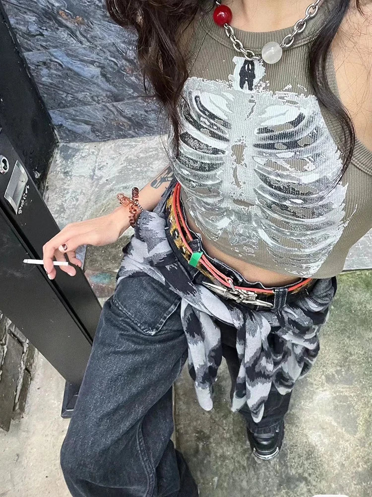 Punk Aesthetic Cyber Retro X-ray Skeleton Print Rib Sleeveless Vest ArmyGreen Crop Top Designer Clothes Women 2022 Summer Emo
