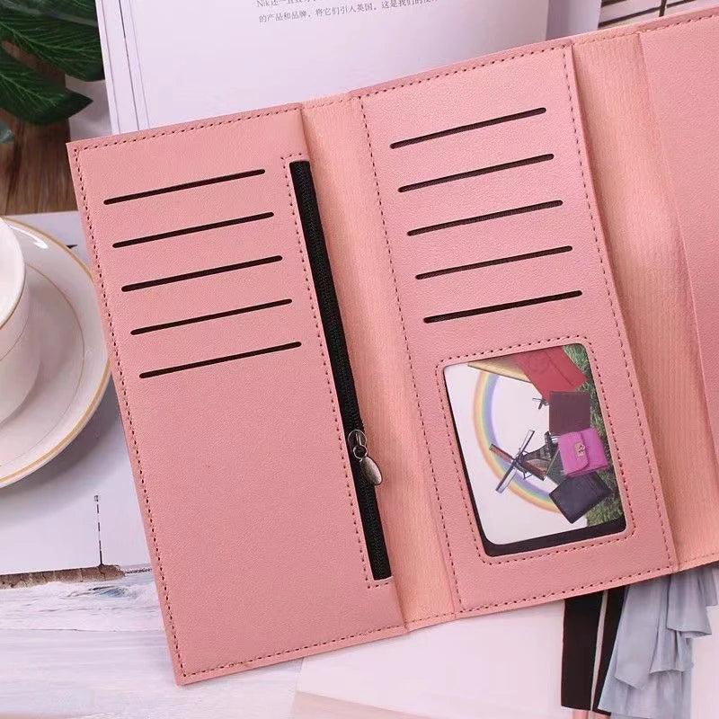 Solid Color PU Leather Women Wallet Luxury Long Hasp Fold-over Pattern Coin Purses Female Thin Clutch Phone Storage Bag Handbag
