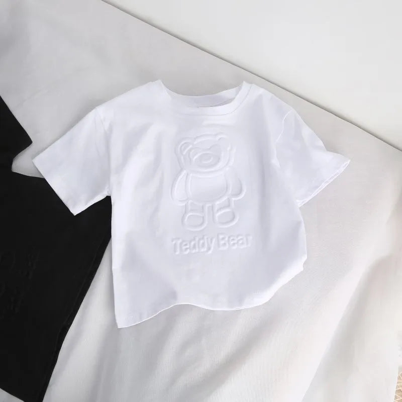 Cute Bear Printed Tops Boys Girls Summer New Clothing TShirt Solid Color Tops Children ThinCasual Loose Crew Neck Pullover Shirt