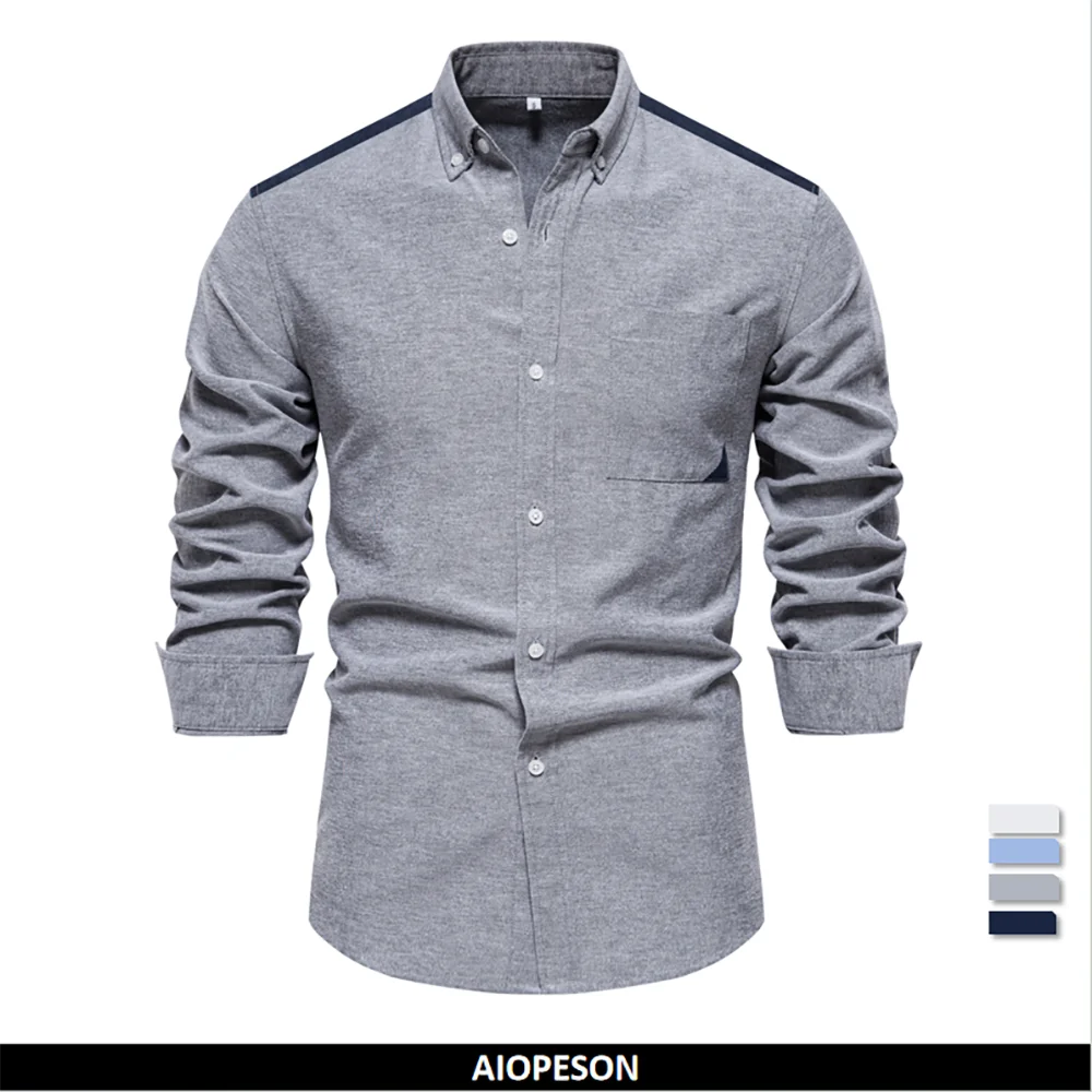 2024 New Spring Patchwork Oxford Shirt for Men Casual Wear Cotton Blend Pocket Mens Shirts