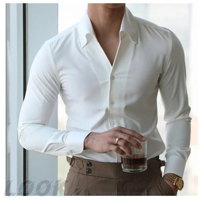 Men's Italian Collar Shirt, Wrinkle-free, Casual, Fashionable, Slim-fit with A Lapel Design, Branded Clothing, Youth, New