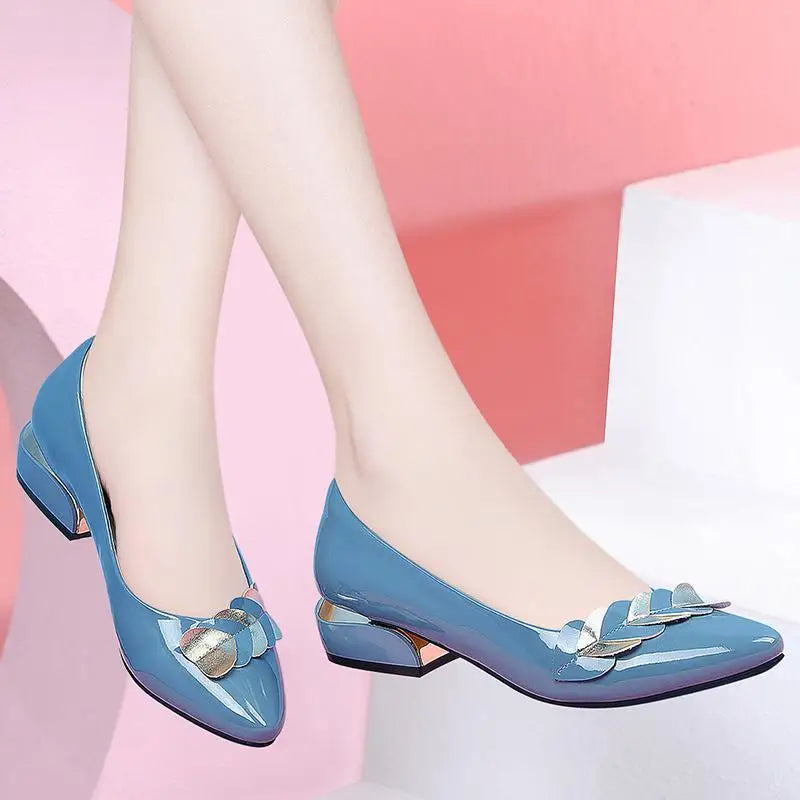 Women Dress Shoes Patent Leather Mid Heel Pumps Fashion Shoes Pointed Toe Slip on Office Ladies Shoes Zapatos Black Women Shoes