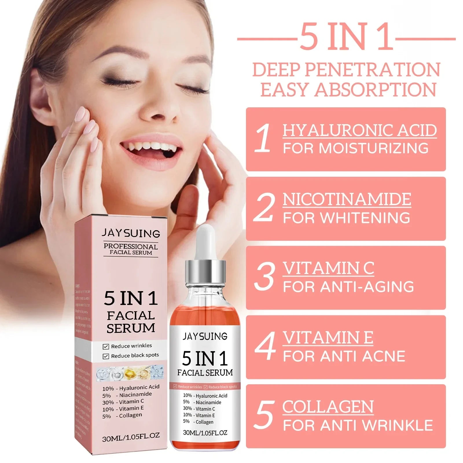 Anti Aging Face Serum 5 in 1 Wrinkle Remove Fade Fine Lines Vitamin C Lighten Spots Whitening Shrink Pores Acne Repair Essence