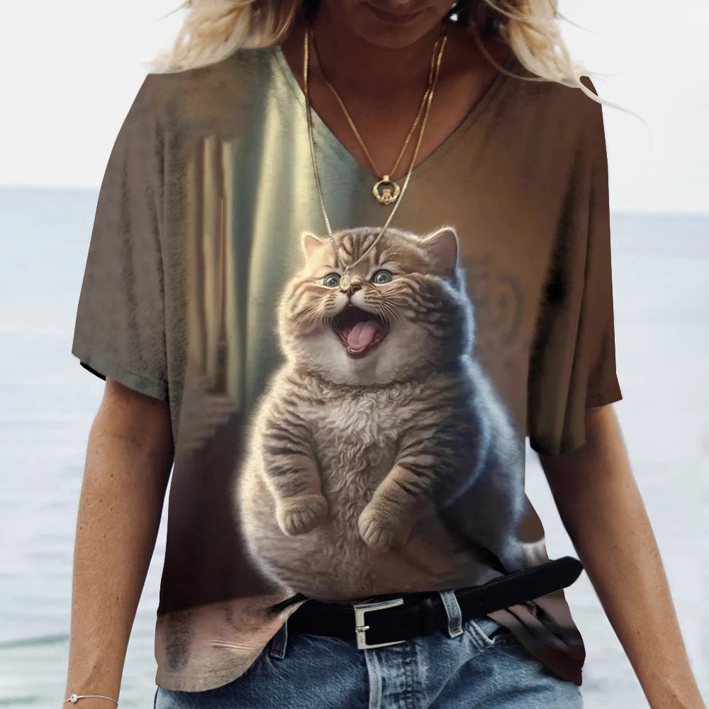 Women's T-shirt Kawaii Cat Print 3D T Shirt Top Girls Y2k Clothing Summer Short Sleeve Tees V-neck Casual Holiday Female T-shirt