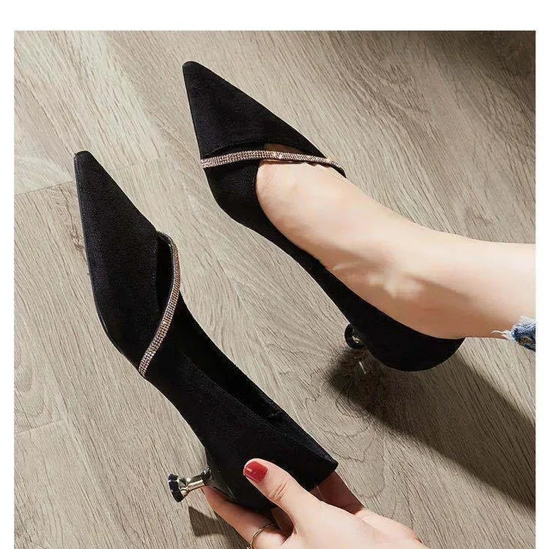 One Word Oblique Strap  New Low-heeled Shoes Women's All-match Small Fresh Rhinestone Pointed Shoes Zapatos De Mujer  Pumps