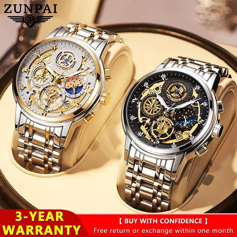 ZUNPAI Original Watch for Men Waterproof Stainless Steel Quartz Analog Fashion Business Sun Moon Star Wristwatches Top Brand