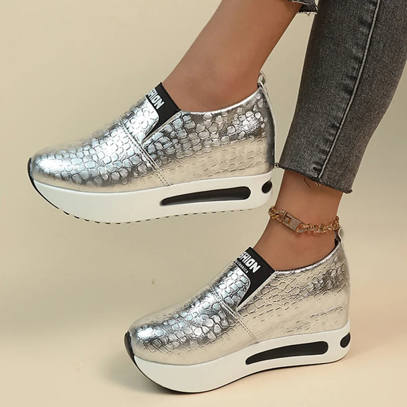 Silver PU Leather Platform Sneakers Women Casual Non-Slip Thick Sole Sports Shoes Woman Plus Size Slip-On Loafers Zapatos Mujer