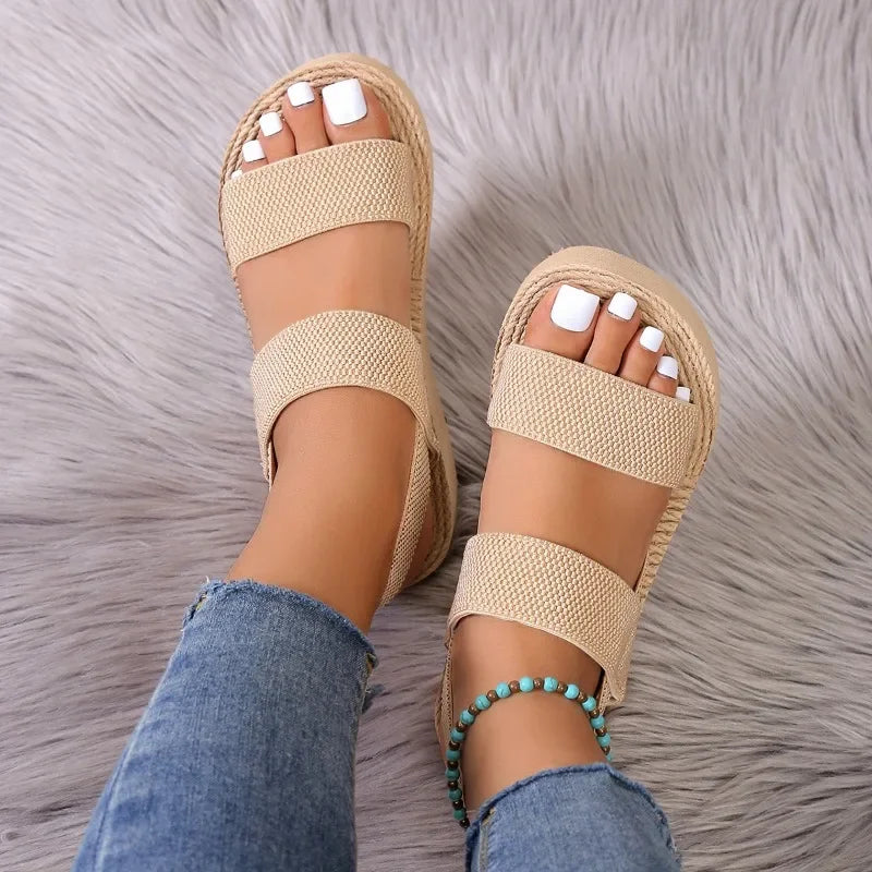 Summer Fashion Women Sandals Peep Toes Thick Sole Sloping Heels Comfortable Casual Shoes For Women Solid Buckle  Flat Shoe