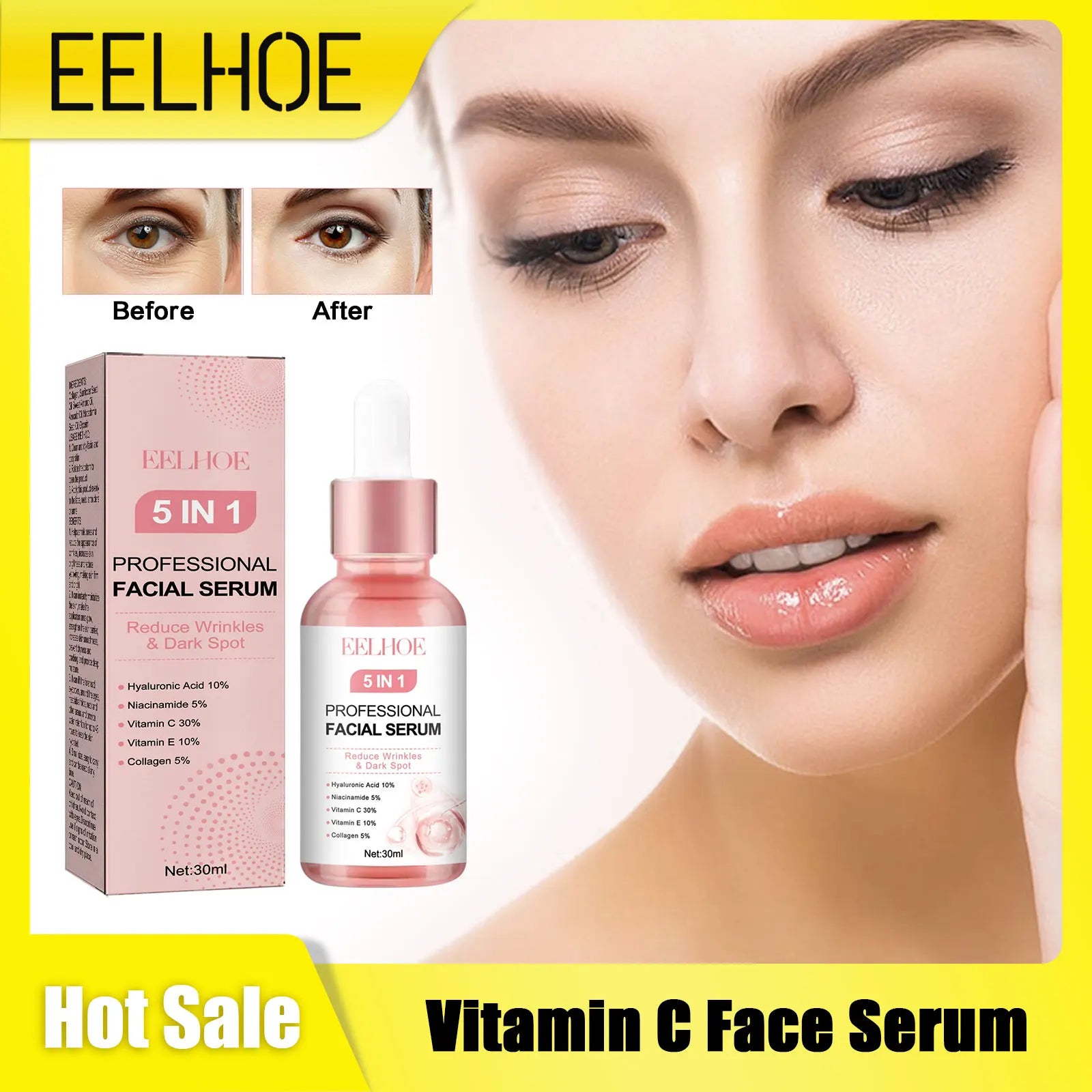Vitamin C Face Serum 5 in 1 Nicotinamide Freckle Remover Natural Anti-Aging Essence Reduce Fine Lines Moisturizing Firming Skin