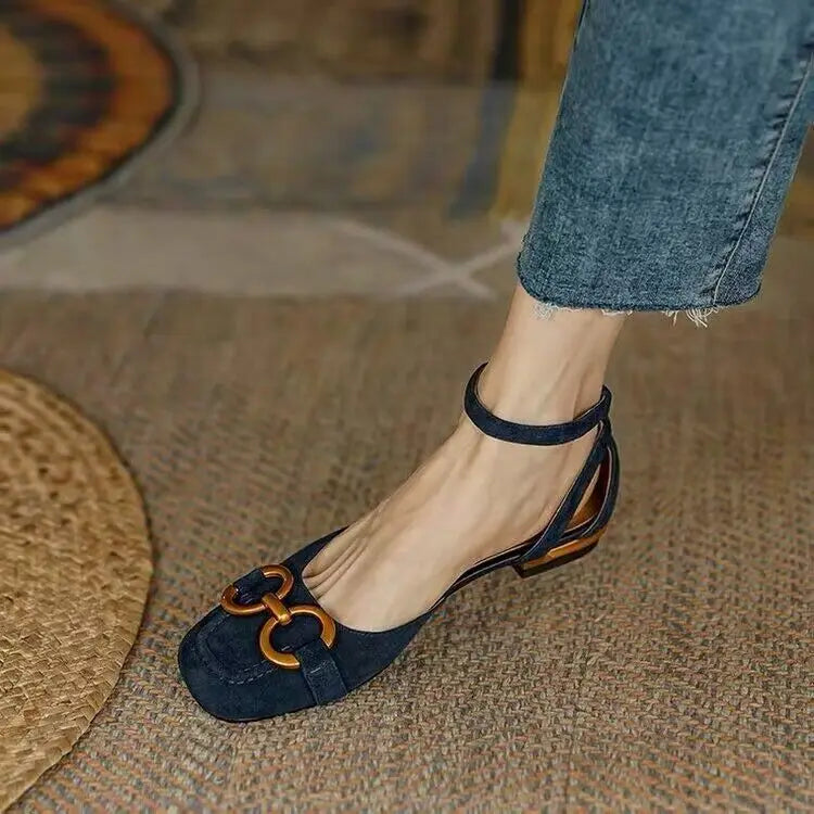 2023 New Summer Sandals For Women Retro Closed Square Toe Sandals Woman Slip On Mules Shoes Buckle Strap Lady Casual Flat Shoes